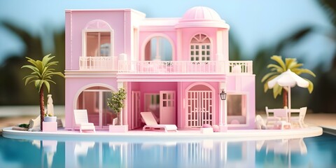 Stylish Pink Dollhouse with Swimming Pool Includes Essential Furniture and Accessories. Concept Dollhouses, Pink Decor, Poolside Accessories, Stylish Furniture, Kids' Playroom