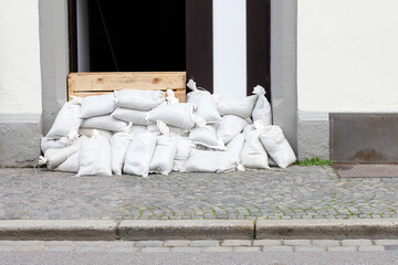 sandbags at the entrance to the building. flood.