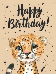 Naklejka premium Happy Birthday Card with a cute Cheetah Illustration on a beige Background