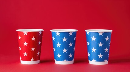 Three paper cups with star patterns against red background