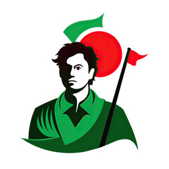 A black and white illustration of a Bangladeshi freedom fighter, holding the national flag with a red circle. Generative AI