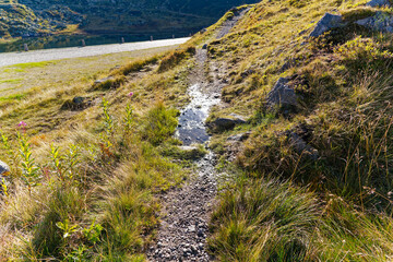 Close-up of hiking trail with stones and puddle of water at Swiss mountain pass Gotthard on a sunny late summer day. Photo taken September 10th, 2023, Gotthard, Switzerland.
