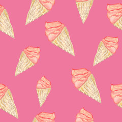 Ice cream cone seamless pattern watercolor illustration isolated on pink background base for printing on cards. fabrics and dishes