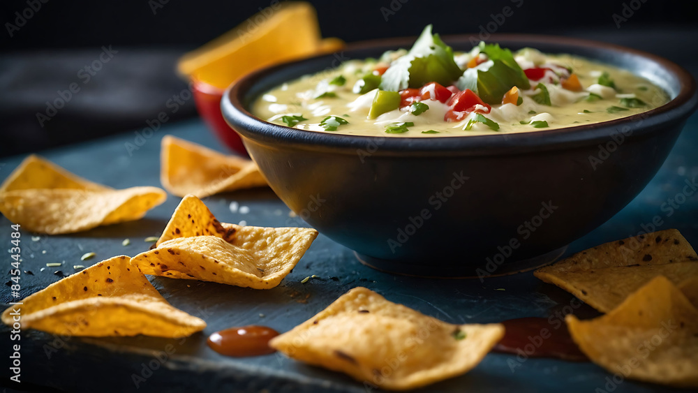 Wall mural spicy homemade cheesey queso with tortilla chips served with lime - Wall murals
