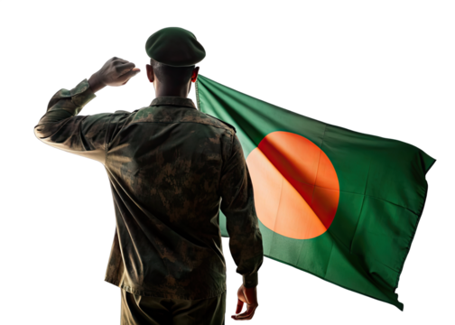 A soldier in military uniform salutes while holding the Bangladeshi flag. Generative AI