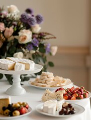 Cheese Table on White Surface with Minimalist Floral Arrangement, Home Decor Concept