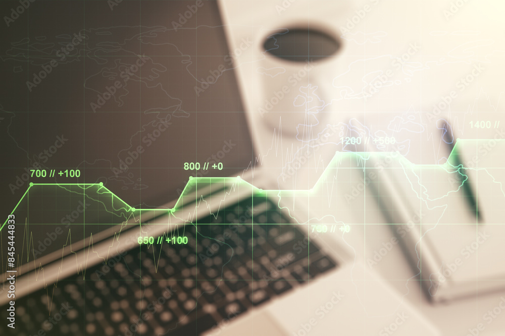 Poster Multi exposure of stats data illustration on modern laptop background, computing and analytics concept