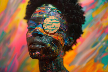 Fototapeta premium Artistic Portrait of Man with Colorful Paint Splashes and Abstract Background