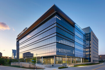 Obraz premium A data center situated in an urban environment, with a sleek, modern design that blends into a cityscape. The exterior has contemporary architectural elements