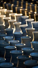 Golden light casting shadows on rows of ceramic pottery
