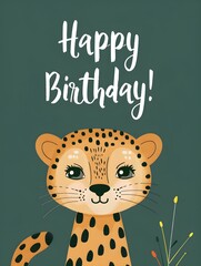 Naklejka premium Happy Birthday Card with a cute Cheetah Illustration on a dark green Background