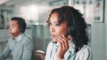 Call center, telemarketing and business woman consulting in office for contact us, faq or b2b networking. Outsourcing, inbound marketing and insurance agent online for crm, advice or customer service