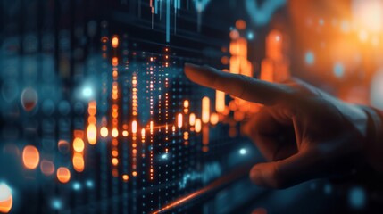 Close up of hand pointing at glowing business chart. Stock, market and trade concept. Can be used for advertising, marketing or presentation.