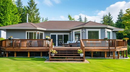 Large luxury home with green lawn and garden. 3D Rendering,two-storey craftsman home with wide porch and wooden deck,Single family house facade in suburb. Luxury house with green lawn and backyard

