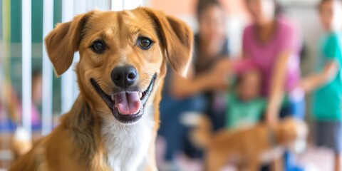 portrait of a dog, Pet Adoption Event Joyful blurred background image of a pet adoption event with families meeting pets, volunteers assisting, and a cheerful environment. 