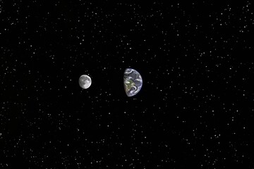 Serene space vista with earth and moon against starry backdrop