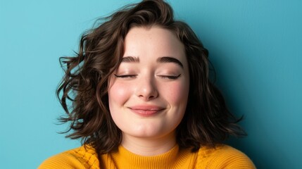 Fototapeta premium Joyful young caucasian woman with closed eyes and a cheerful smile