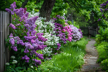 Fototapeta premium A charming shot of a row of blooming lilac bushes, their fragrant clusters of purple and white flowers creating a lush, colorful display, with a background of a quaint garden path and a rustic wooden