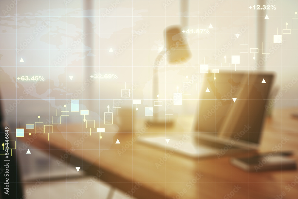 Poster Multi exposure of abstract financial graph with world map on modern computer background, financial and trading concept