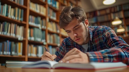 Student Studying Quietly in University Library with Books Surrounding