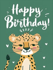 Naklejka premium Happy Birthday Card with a cute Cheetah Illustration on a green Background