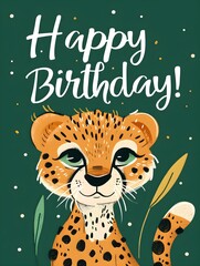Naklejka premium Happy Birthday Card with a cute Cheetah Illustration on a green Background
