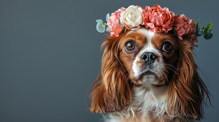 Naklejka premium A Cavalier King Charles Spaniel with a flower crown on its head is looking at the camera with a curious expression.