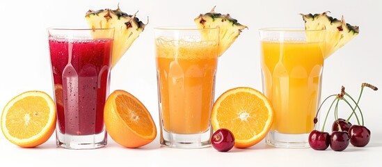 Isolated fruit juices: Three glasses of orange, pineapple, and cherry juice with sliced oranges on a white backdrop.