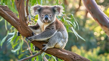 Fototapeta premium Cute Koala Bear Sitting on a Branch in a Peaceful Nature Setting. Adorable and relaxed. Perfect for nature lovers and animal enthusiasts. 