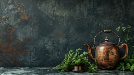 Aged copper teapot with green plants on concrete backdrop Space for text
