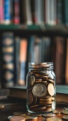 Glass jar filled with coins on a wooden table with a bookshelf background  symbolizing financial literacy education for college students