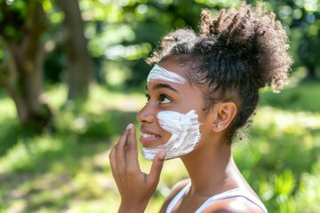 Naklejka premium Young woman enjoying a sunny day with skincare routine in the park