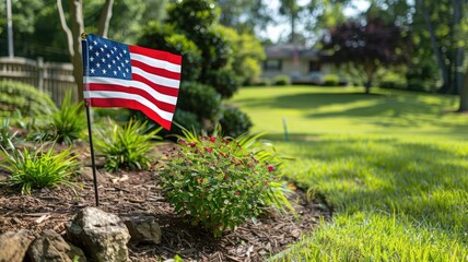 Small American flag in landscaped garden with lush greenery and house background