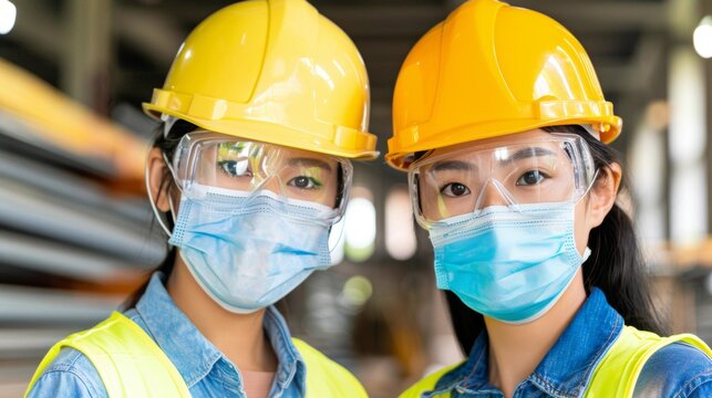 Asian female engineers in hard hats and face masks at work