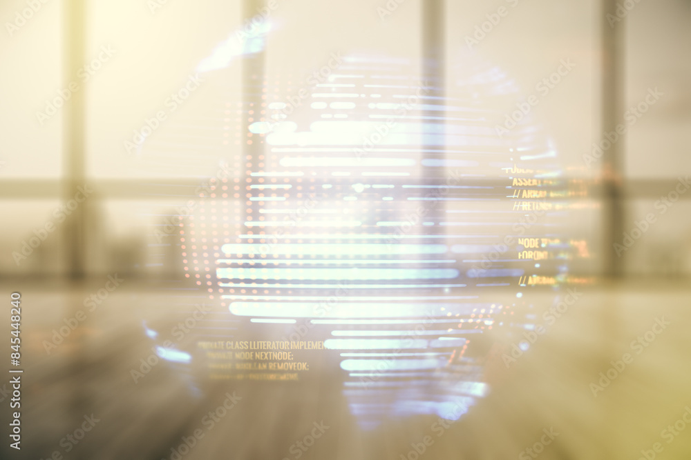 Poster abstract virtual coding illustration and world map on modern interior background, international soft