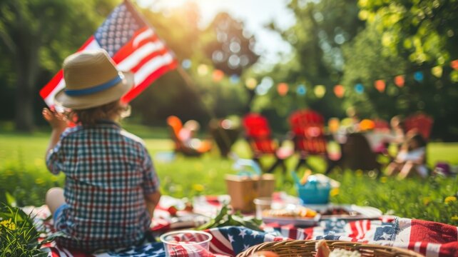 Child sitting on picnic blanket, holding American flag at summer outdoor gathering