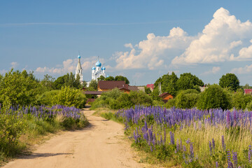 Summer rural landscape. View of a winding country road leading to a village and a church with a...