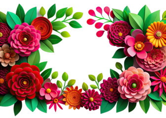 A vibrant border of paper flowers, leaves, and branches on a transparent background. Generative AI