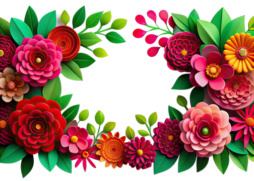 A vibrant border of paper flowers, leaves, and branches on a transparent background. Generative AI - Powered by Adobe