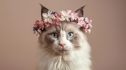 A beautiful Ragdoll cat wearing a crown of flowers.