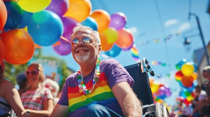 Fototapeta premium Happy senior man in wheelchair celebrating gay pride parade in crowd. Mature male wearing rainbow shirt. Summer street party blue sky people & colourful balloons. Pride month LGBTQ, Generative Ai