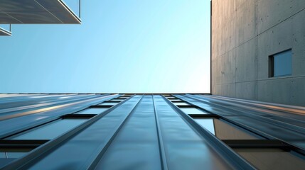 Modern Architectural Design with Glass and Concrete Elements Against a Clear Blue Sky