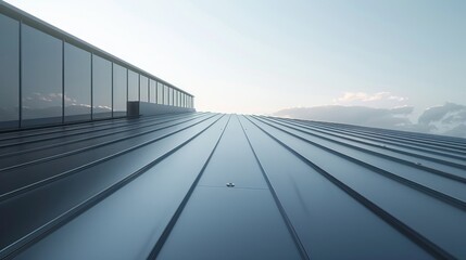 Modern Architectural Design Featuring a Sleek Metal Roof with Glass Panels Against a Clear Sky