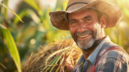 Fototapeta premium Smiling Farmer Holding Grain in Sunny Wheat Fields: Harvest Season Closeup