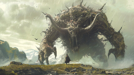 Enormous Monster Faced By A Brave Man Concept Art: Rainy Fantasy Landscape with Spiked Creature