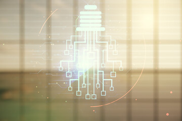 Virtual creative idea concept with light bulb and microcircuit illustration on empty corporate office background. Neural networks and machine learning concept. Multiexposure