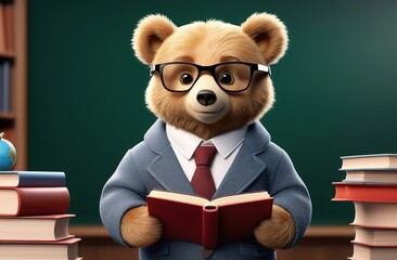 A bear in glasses and a jacket sits on the teacher's desk and holds a book. There's a blackboard behind him. There are stacks of books nearby. The bear is smiling. Autumn, back to school