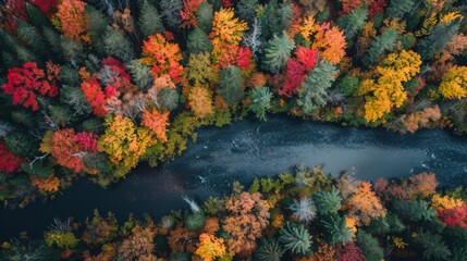 Vibrant Autumn Forest Panorama: River Meandering Through a Patchwork of Red, Orange, Yellow, and Green Trees from an Elevated Viewpoint