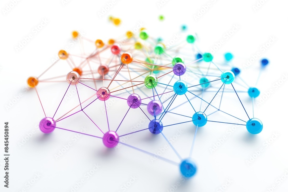 Poster colorful abstract network of interconnected spheres representing data, communication, and connection