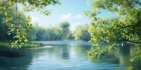 Fototapeta premium lake in the forest, Riverbank Scene Tranquil blurred background image of a riverbank with green foliage, a calm river, and a clear blue sky. 